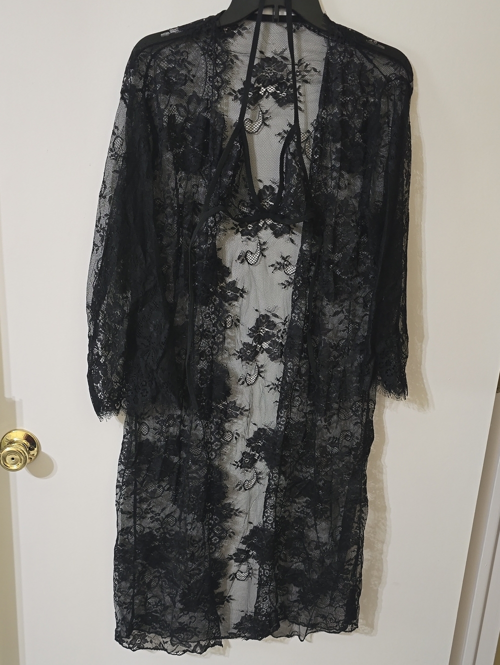 Black Lace Sheer Robe With Bra And Bottom - Women Intimates & Sleepwear